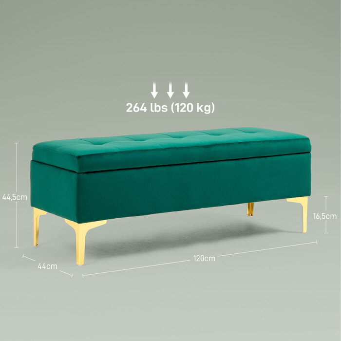 HOMCOM Storage Bench, Upholstered Bench with Velvet Look 120x44x44.5 cm, Metal Legs, Bed Bench for Living Room Bedroom Hallway, green