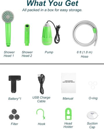LIBERRWAY Camping Shower with Pump, Camping Shower Set with Rechargeable Battery, 2m Shower Hose Outdoor Shower for Garden Beach Camping Travel Car Washing, Mobile Shower Black (Green with Jet Head)