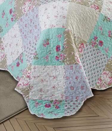 Набір постільної білизни Brilliant Sunshine Grey Heart Love Patchwork: ковдра та наволочка, двоспальне ліжко, блакитно-зелений, стегане покривало