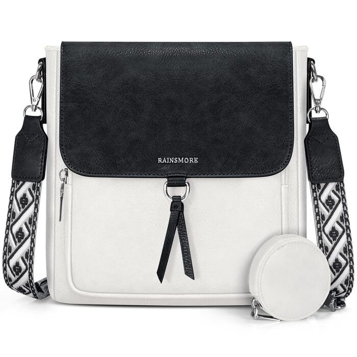 Сумка жіноча RAINSMORE середнього розміру через плече, шкірзам PU, чорно-біла з широким ременем