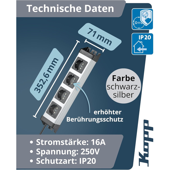 Мережевий фільтр Kopp POWERversal 4-fach, срібно-чорний, IP20, 1.4м, кут 90°