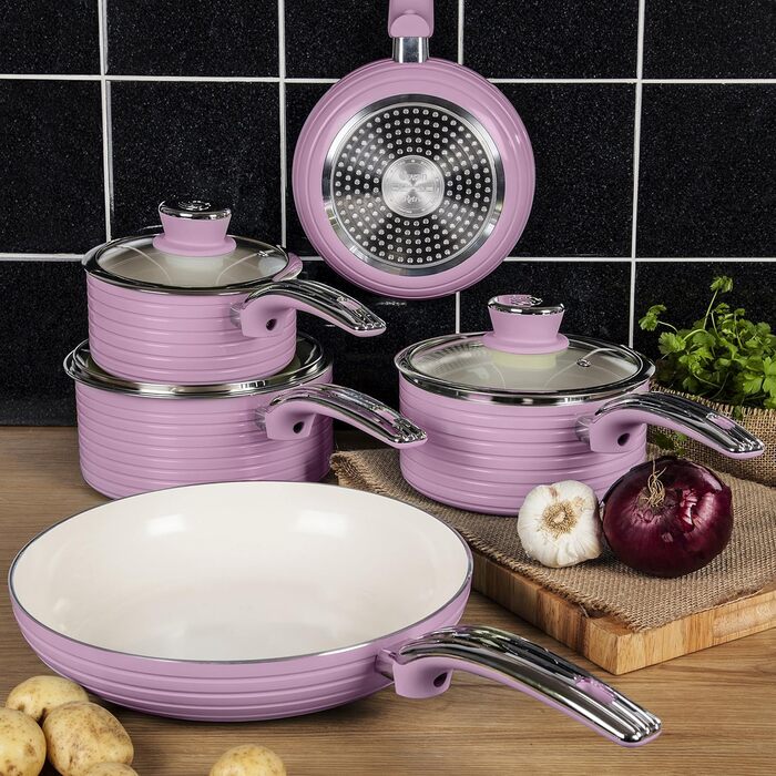 Swan 5-Piece Frying Pan Set, Retro Design, Aluminum, 29.5x47x18 cm (Rose)