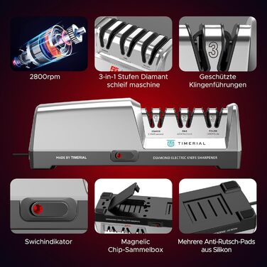 Електричний точило для ножів TIMERIAL з алмазними дисками 3-х ступенів, 15° кут, для сталевих кухонних ножів, 120/600/1000 grit