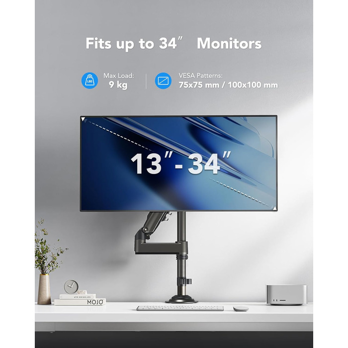 Кріплення для монітора HUANUO 13-32 дюймів, гнучкий кронштейн для LCD/LED екрану, газ-амортизатор, поворот 360°, VESA 75/100, вантажопідйомність 2-9 кг