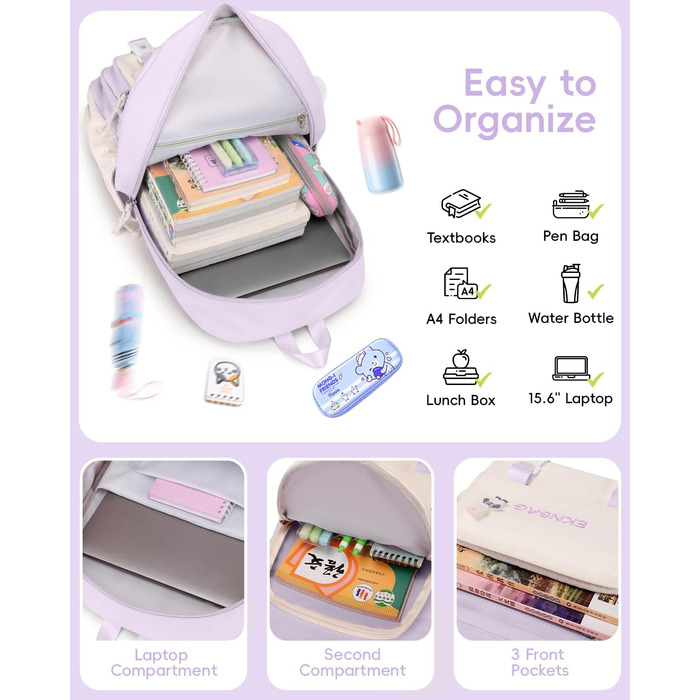 Рюкзак Tanou для дівчаток, шкільний набір: рюкзак, сумка через плече та пенал. Шкільний рюкзак для підлітків та школярів, фіолетовий колір