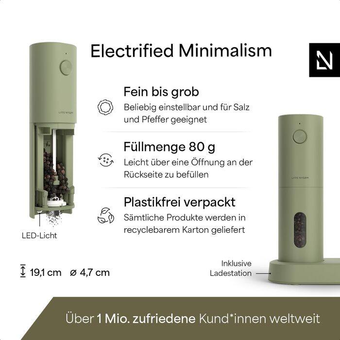Електричні мельниці для солі та перцю LARS NYSØM 2 шт. з регульованим керамічним млинком (від грубого до дрібного помолу)