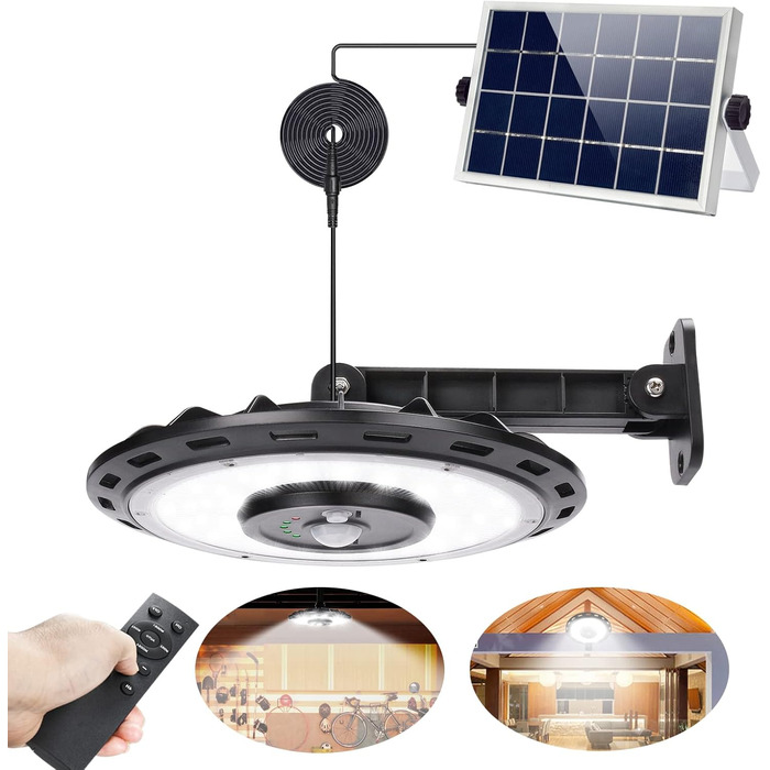 Solar Lamps for Indoor/Outdoor Use, 1200LM 108LED 5M Cable Solar Hanging Lights with Remote Control, Solar Hanging Lamp with Motion Sensor, 5 Modes, IP65 Solar Lights for Carport, Pavilion, Chicken Coop, Camping