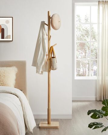 VASAGLE Coat Rack, Clothes Rack Solid Wood, Tree Shape Jacket Stand, 8 Hooks for Jackets, Hats, for Entryway, Hooks and Holding Rod made of Rubberwood, Cloud White RCR00W02 (Natural Beige, 1)
