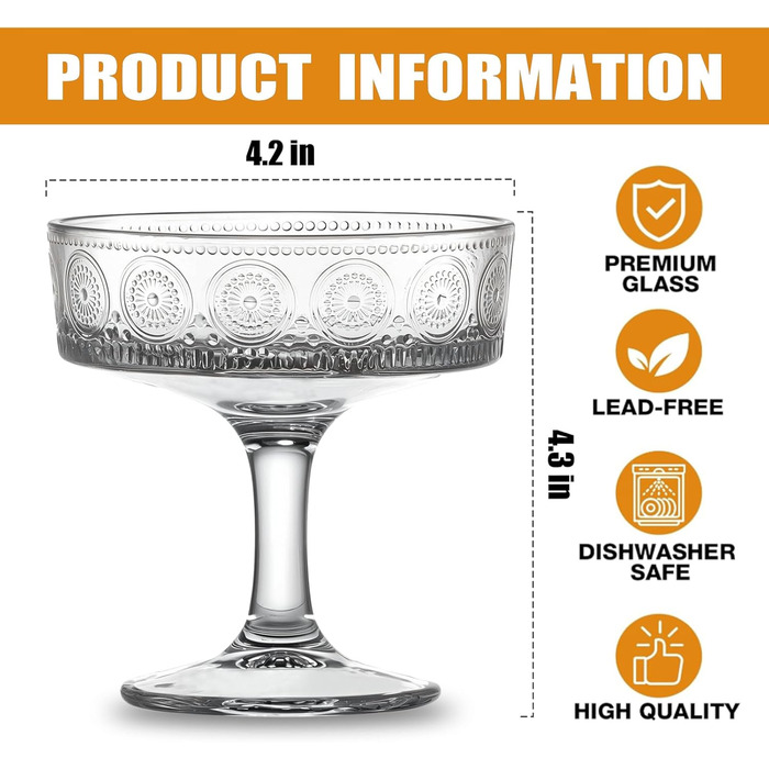 Набір келихів для коктейлів, 6 шт., 200 мл: келихи для еспресо, мартіні, купе для коктейлів, вечірок, Манхеттен, барні келихи