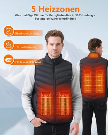 Гріюча жилетка для чоловіків та жінок з акумулятором 10000mAh, 5 зон обігріву, 3 режими температури, подвійне керування, чорна, для зимових активностей