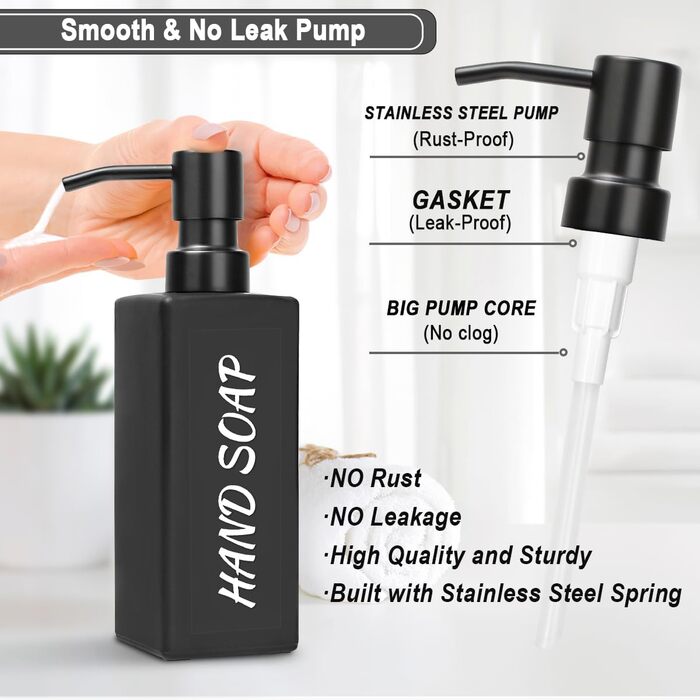Набір мильниць MIUSITE 2 шт. по 350 мл з нержавіючою сталевою помпою, для мила та миття посуду, сучасні скляні флакони для ванної кімнати та кухні з водонепроникними етикетками, чорного кольору
