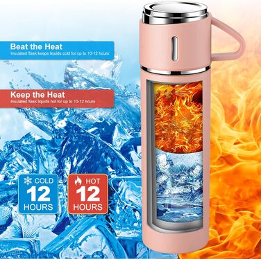 Stainless Steel Thermos Flask with Cup and Handle - 500ml Insulated Travel Mug, Leak-Proof, Double-Walled, Vacuum Insulated, Keeps Hot/Cold for 12 Hours - for Kids, Sports, Travel (Black, Pink)