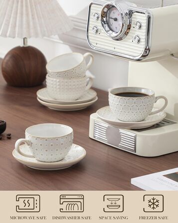 Набір кавових чашок MALACASA з блюдцем, 8 шт. (4 персони), кавовий сервіз з порцеляни, об'єм 180 мл, для кави, чаю, десертів, бежевий