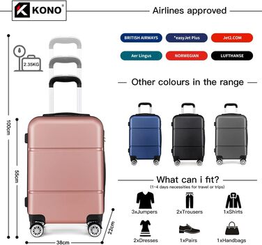 Валіза ручної поклажі KONO 55x38x22 см, 33 літри, ABS, рожево-золотий колір