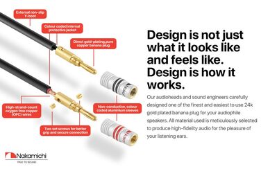 Акустичний кабель Nakamichi 12AWG з банановими роз'ємами 24K золото, 3м, безкиснева мідь (OFC), в обплетенні, для домашнього кінотеатру та підсилювача — Чорний