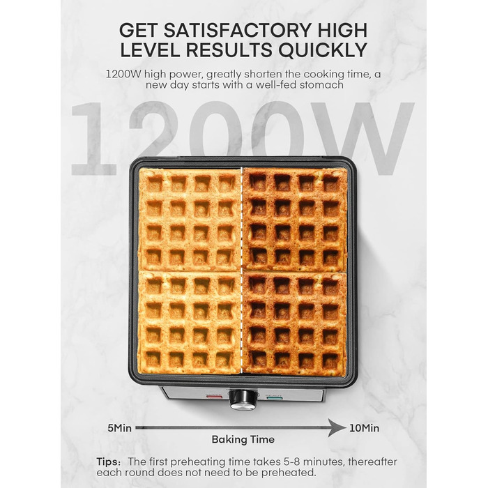 Вафельниця FOHERE з 4 пластинами, 1200W, бельгійські вафлі, антипригарне покриття, регулятор засмаги, нержавіюча сталь – ідеально для сімейного сніданку, чорний