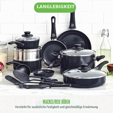 Набір посуду GreenLife Soft Grip з керамічним антипригарним покриттям, 16 предметів (сковорода, сотейник, каструлі), без PFAS, підходить для посудомийки та духовки, чорний