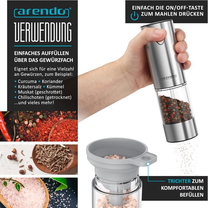 Електричні млини для спецій Arendo – набір з солі та перцю, нержавіюча сталь, керамічний механізм, LED-підсвічування, акумулятор, щітка та воронка