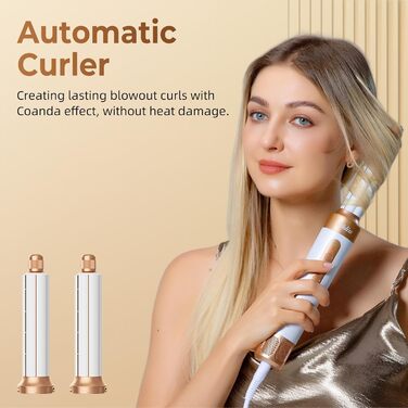 UKLISS Airstyler Pro 7-в-1: Фен, стайлер, завикучувач. Професійний набір для волосся з автоматичною завивкою, брашінгом та випрямленням. Зменшення пухнастості, без екстремального нагріву. Білий, золотий