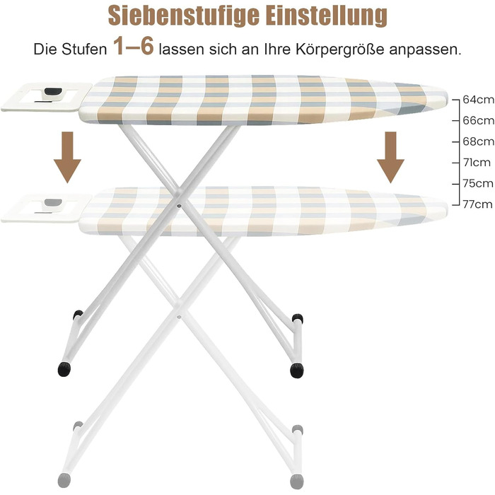 Відкидна дошка для прасування 110 x 38 x 64-77 см, 6 положень по висоті, антиковзні гумові ніжки, бавовняний чохол з підставкою для праски, універсальна, білий квадратний візерунок, жовто-зелений