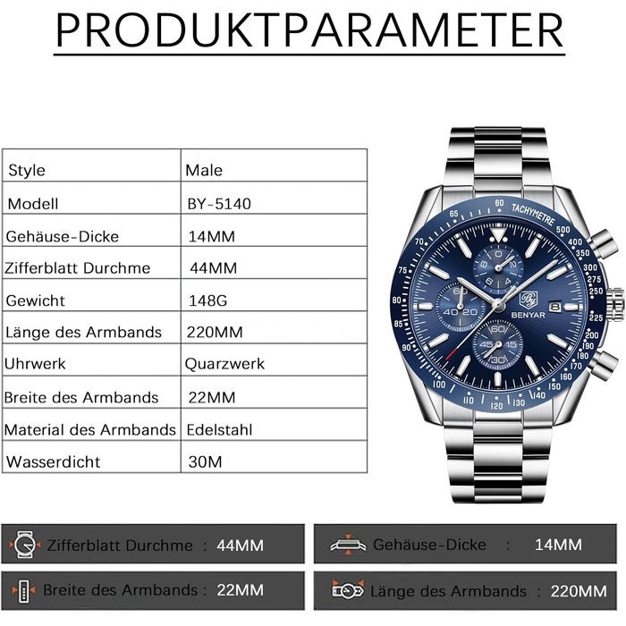 Годинник чоловічий BENYAR з хронографом, кварцовий, водостійкий 30M, з датою, для активного відпочинку, спортивний, шкіряний (блакитний)