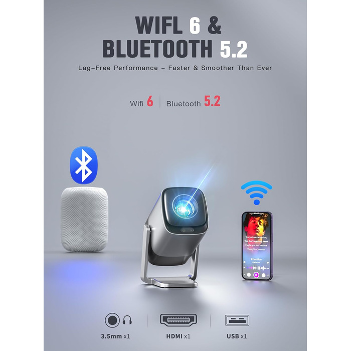 Проектор міні 18000L 1080P з автофокусом та WiFi/Bluetooth, Netflix сертифікований, обертовий на 210°, з корекцією трапеції та фільтром від пилу