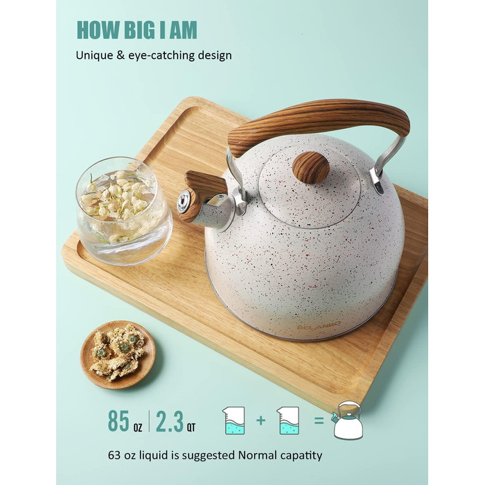 Чайник BELANKO 2,5 л з свистком, нержавіюча сталь, з дерев'ястим декором, складаний ручка, для чаю, кави, молока – блакитний (Starry White)