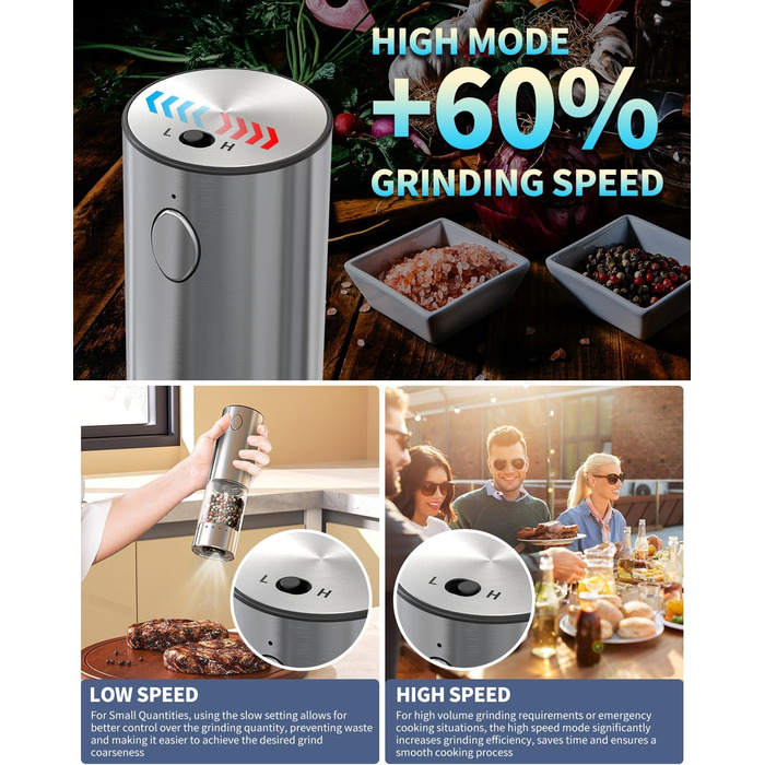 Електричні соляні та перечні млини CIRCLE JOY з нержавіючої сталі з підставкою, 95 мл, біле LED-підсвічування, регульована ступінь помелу, срібні