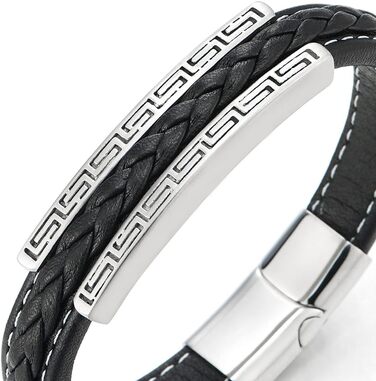 Чоловічий браслет COOLSTEELANDBEYOND з нержавіючої сталі та шкіри з грецьким орнаментом, чорний, плетіння