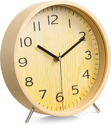 Navaris Analog Wood Table Clock Round - 21.1 x 21.8 x 4.8cm - Analog Decorative Table Clock Without Ticking with Wooden Dial - Quiet Pointer Wooden Clock Light Brown