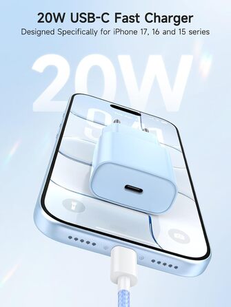 Зарядний пристрій 20W USB-C для iPhone 17/16/15, 2 шт. + Кабель USB-C 2м, PD3.0, блакитний+ліловий