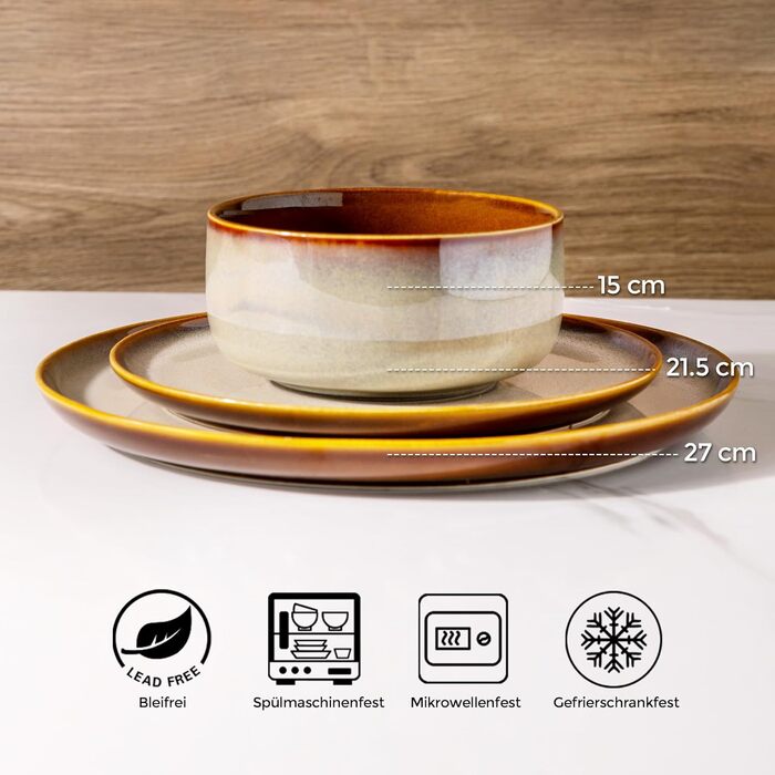 Набір посуду LeRatio на 6 осіб: 18 предметів, керамічний, з реактивною глазур'ю, стійкий до подряпин, для сервірування столу, придатний для миття в посудомийній машині та використання в мікрохвильовці