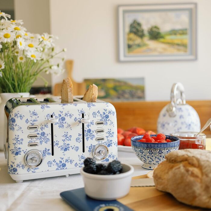 Тостер VQ Laura Ashley з 4-ма тостами, регулюванням нагріву, функціями розморожування та підігріву, з насадкою для круасанів, нержавіюча сталь, ретро-дизайн, колір 