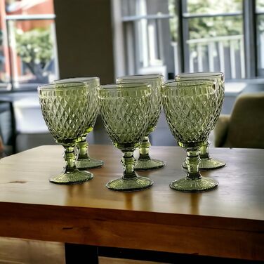 Vintage Set of 6 Colored Glasses and Tumblers with Diamond Pattern (Netz Green Wine Glass), Long Drink Glasses, Cocktail Glasses with Embossing, Glass, Tumbler, Wine Glass, Water Glass, Goblets