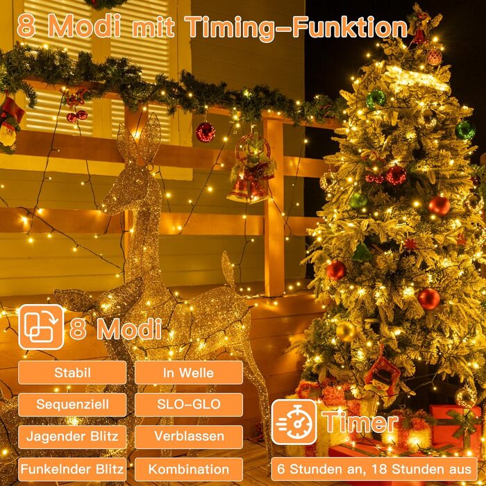 Ланцюжок прикрас Ollny з 150 LED, 15 м, тепле біле світло, IP44, для саду, вечірки, Нового року (зелений кабель)