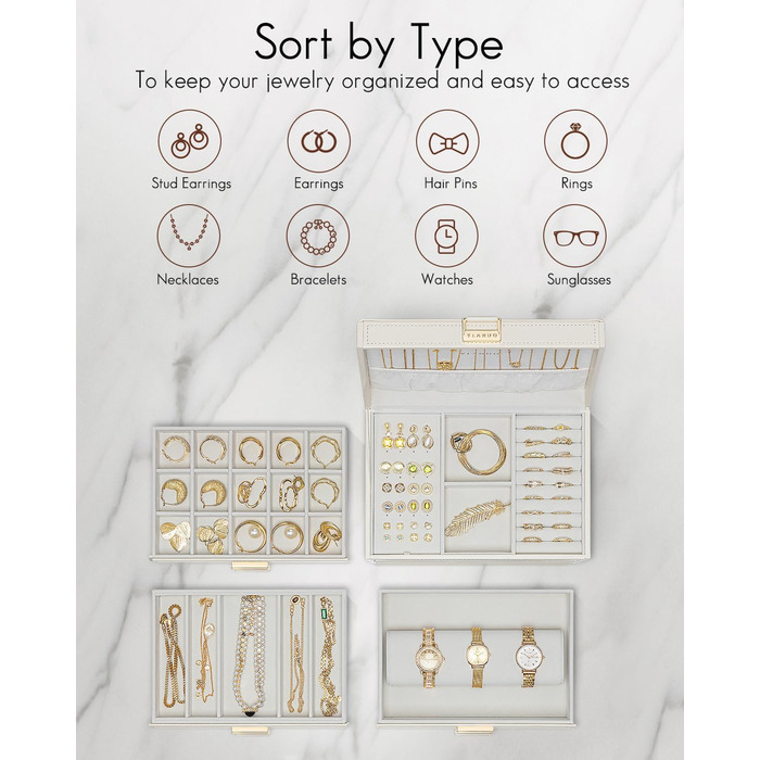 Шкатулка для прикрас Vlando Modern Beige з 6 ярусами, дзеркалом та відділеннями для годинників, органайзер для ювелірних виробів, подарунок для жінок