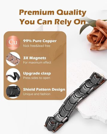 Медальйон з міді для чоловіків, 99% масивна мідь, магнітний браслет з магнітами, регульований розмір, з подарунковою коробкою (чорний щит)