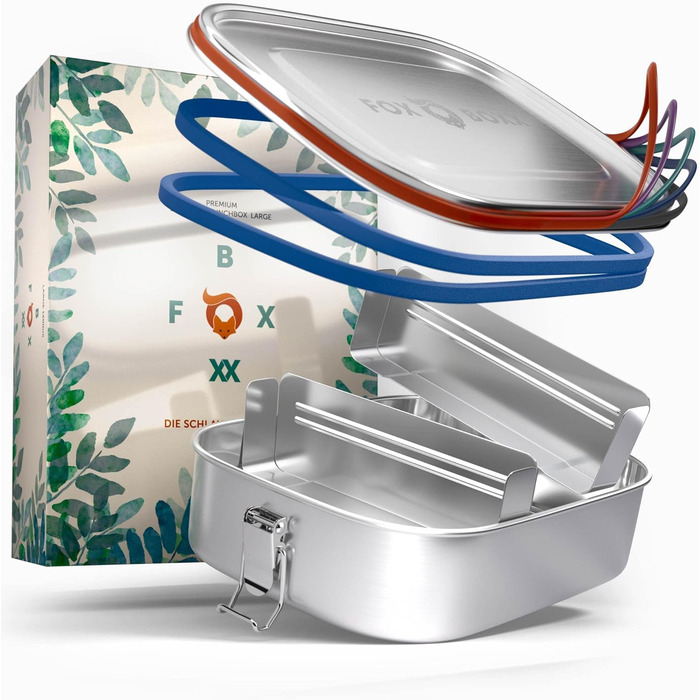 Stainless Steel Lunch Box Premium | Large 1200ml | 5 DEKO-colored rings + DualCham replacement seal = Leak-proof + 2 dividers = 3 compartments | Kids & Adults