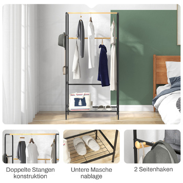 HOMCOM Clothes Rack Coat Stand with 2 Clothes Rails and Shelf, Coat Rack with Hooks for Bedroom and Hallway, Bamboo Black