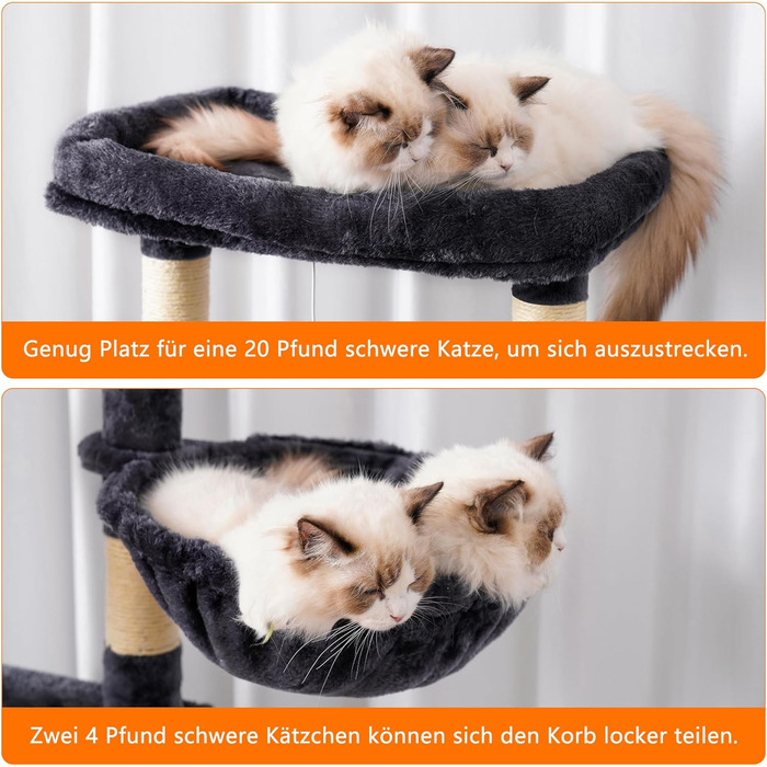 Багатоповерховий котячий будиночок Heybly Kratzbaum HCT025G, 173 см, з 16 стовпчиками для дряпання, 2 платформами, гамаком, печерею та іграшками