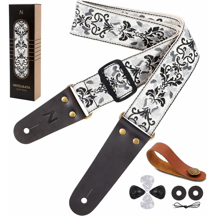 Гітарний ремінь Vintage з вишивкою з бавовни з кінцями з натуральної шкіри для бас-гітари, електро- та акустичної гітари, з безкоштовними кнопками для ремінця, 1 пара замків для ремінця та 4 медіатори D# - Біла квітка