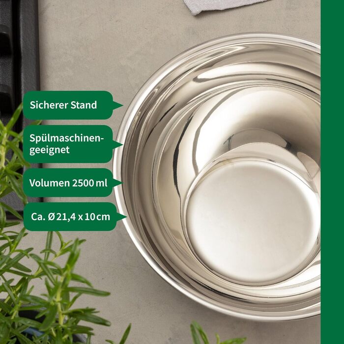 Нержавіюча чаша Chefkoch від FACKELMANN Bonn з антиковзним силіконовим дном – ідеальна для салатів, тіста та іншого. Об'єм 1,25 л (чаша 2,5 л), діаметр 17,7 см, придатна для миття в посудомийній машині.