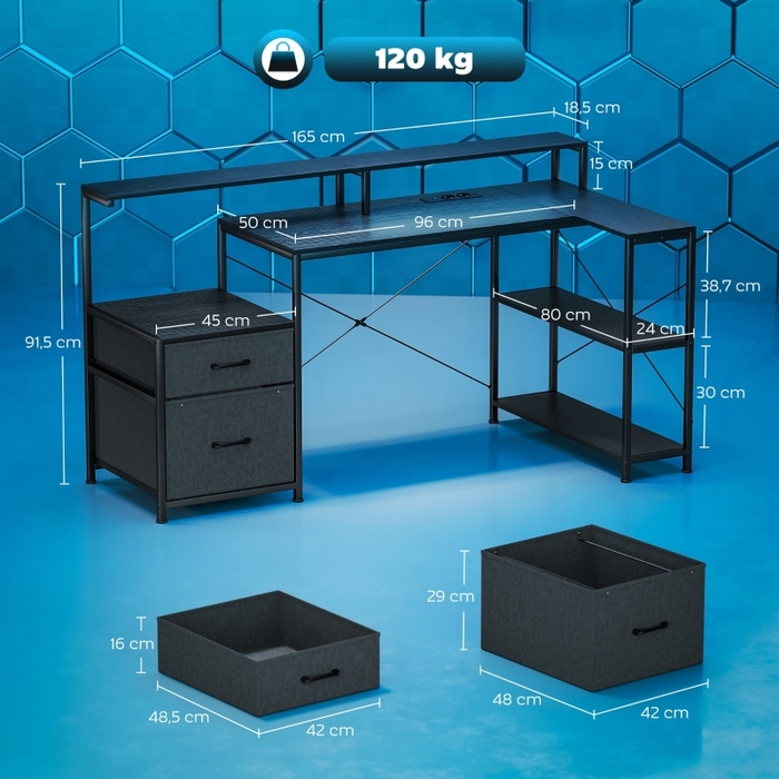 Ігровий L-подібний стіл з LED-підсвіткою та розетками, 165x80x91.5 см