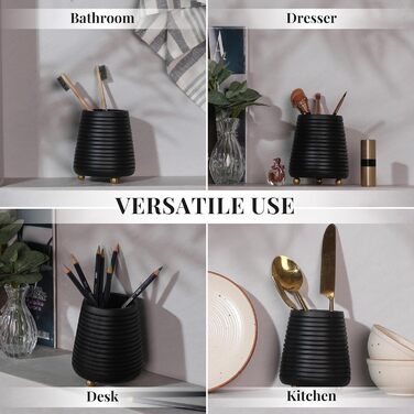 Folkulture Bathroom Toothbrush Holder, Modern Wooden Toothbrush and Toothpaste Holder (Black Grooves)
