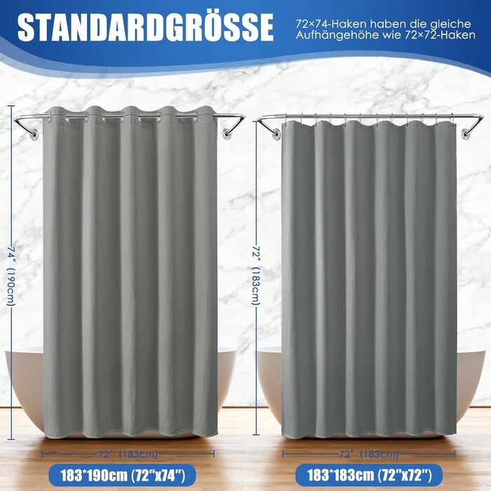 Водонепроникна штора для душу вафельна, 180x190 см, 260 GSM, сіра. Преміум-якість, анти-грибок, з металевими люверсами