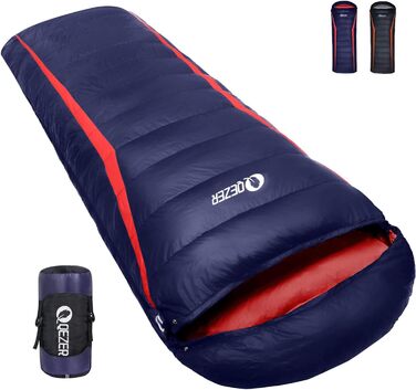 QEZER Ultralight Down Sleeping Bag - 8°C to -3°C for Camping, Hiking & Trekking - 3 Season Sleeping Bag (Blue)