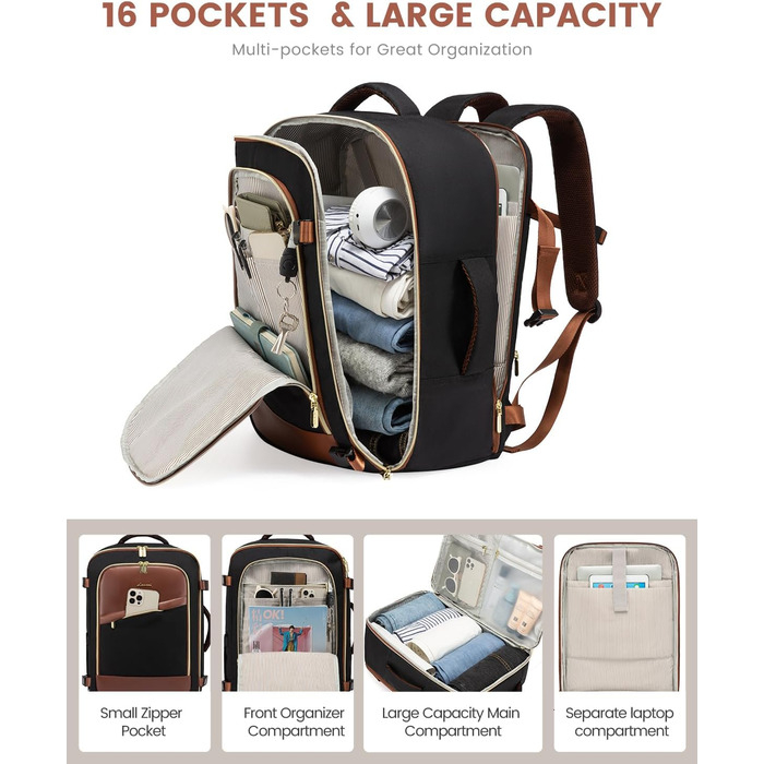 LOVEVOOK Рюкзак ручної поклажі 40L, жіночий водонепроникний рюкзак для подорожей з відділенням для взуття, рюкзак для ноутбука (17.3 дюйми) для школи, роботи, подорожей (чорний+каштанового кольору)