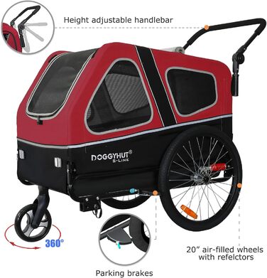 Doggyhut S-Line XL: велосипедно-колісний візок для собак, 2 в 1, до 45 кг, червоно-чорний