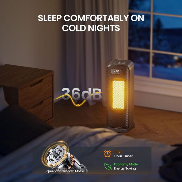 Електричний обігрівач 1500W, керамічний, тихий, з таймером 12 годин, осциляція 70°, захист від перегріву та перекидання, сумісний з Alexa & Google Assistant, чорний, 1 шт. + 4 режими