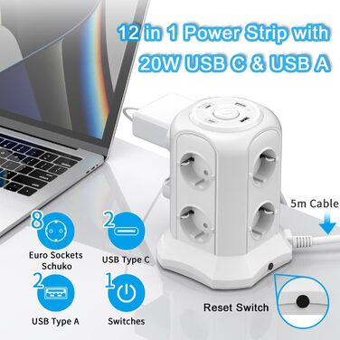 Многорозеткова панель з USB, 8 розеток, з вимикачем, 4000W/16A, захист від перенапруги, 5м кабель, білий